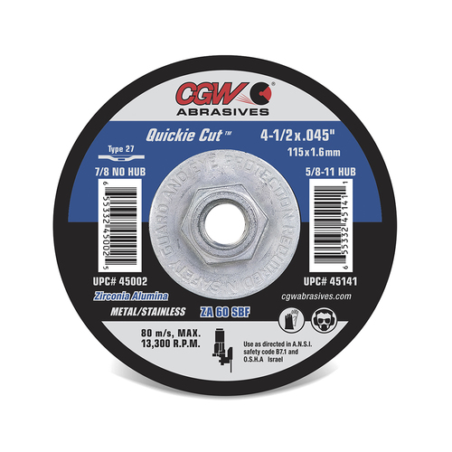 Quickie Cut# Reinforced Cut-Off Wheel - Type 27 - Zirconia - 4-1/2 x .045 x 5/8-11