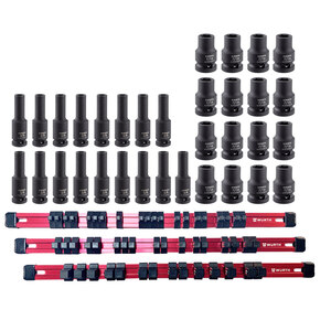 1/2 Inch Impat Socket, Short Package 36 Total Pieces With FREE Red Aluminum Socket Organizer Rail Set