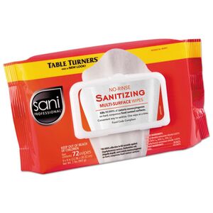 No-Rinse Sanitizing Multi-Surface Wipes, 1-Ply, 8 x 9, Unscented White 72 Wipes/Pack 12 Packs/Carton