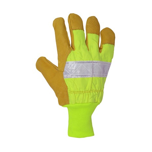 HI-VIS OR PINSI Hi-Vis Knitwrist Reflective & Insulated Pigskin LeatherWork Gloves, Lime, Small