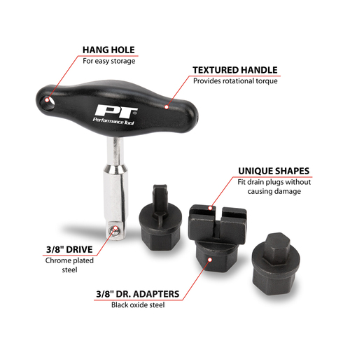 Oil Drain Plug T-Handle Remover Tool with Adapters, 3/8 Inch
