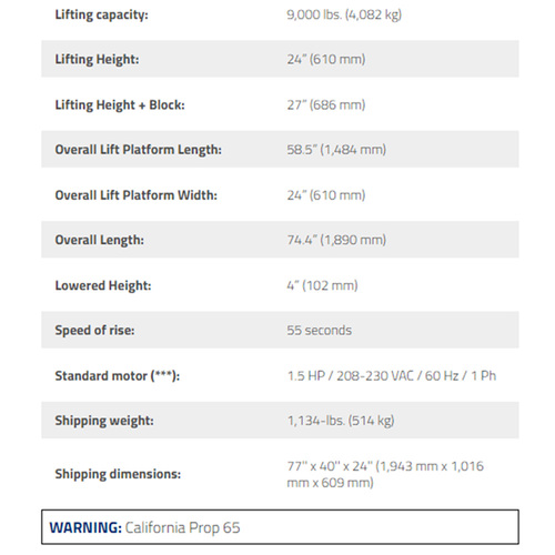P9000LTF / 9,000lb Capacity Low Rise Lift / Open Center Pit Style /Flush Mount
