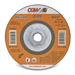 Depressed Center Grinding Wheel - 1/4 Inch (6.4mm) - Type 27 - Zirconia - 9 x 1/4 x 5/8-10