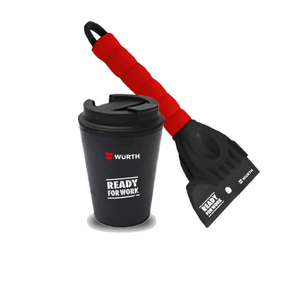 Product. Wurth Branded Ice Scraper, Black With Red Handle. Product2. Black double walled coffee mug with Wurth logo.